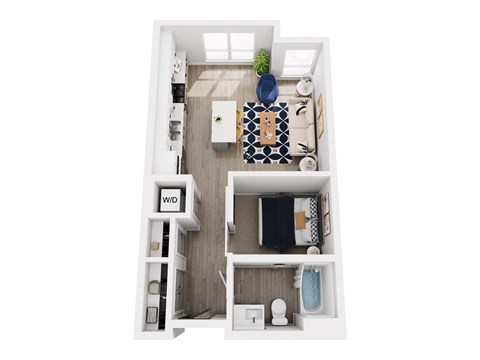 A top down view of a small apartment with a kitchen, living room, and bathroom.